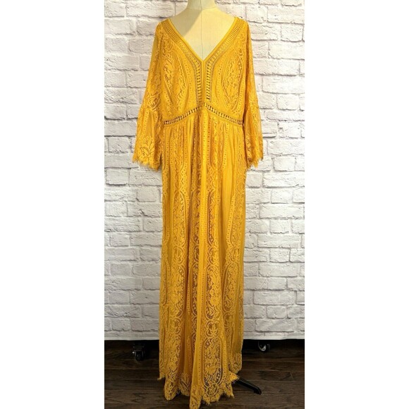 Womens Boho Maxi Floral Lace Boho Party Dress V Neck Flowy Long‎ Yellow Size 20 - Picture 7 of 16